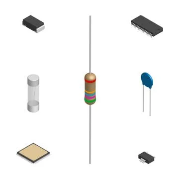 Set of different 3D electronic components, vector illustration. Stock Illustration