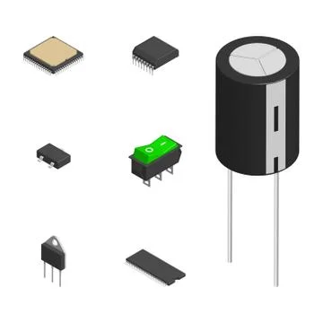 Set of different 3D electronic components, vector illustration. Illustrazione stock