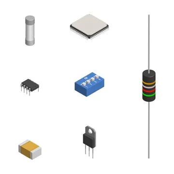 Set of different 3D electronic components, vector illustration. Stock Illustration