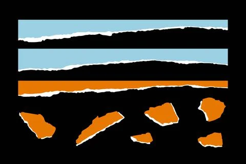Set of different abstract shapes ripped paper tears isolated on black background Stock Illustration