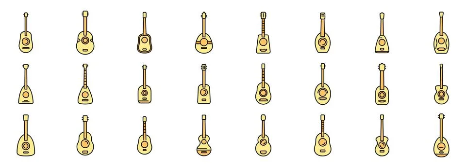 Set of different acoustic and classical guitars showing variety of shapes and 库存插图