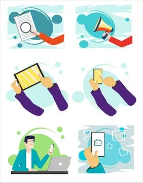 Set of different actions man going with gadgets and papers while working. Illustrazione stock