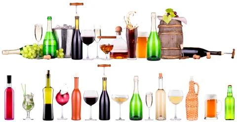 Set of different alcoholic drinks and cocktails Stock Photos