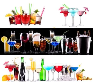 Set of different alcoholic drinks and cocktails Stock Photos