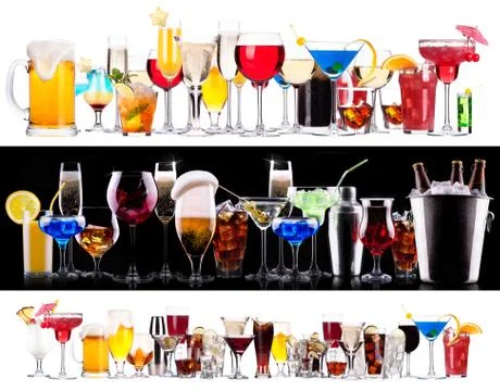 Set of different alcoholic drinks and cocktails Stock Photos