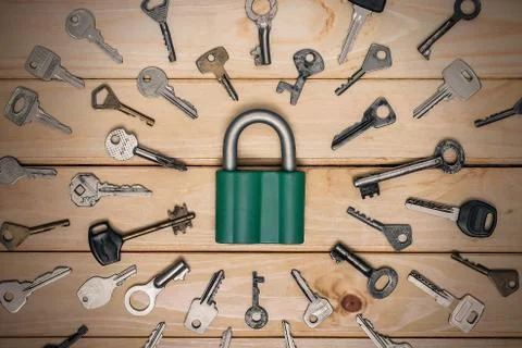 Set of different ancient keys on the table Stock Photos