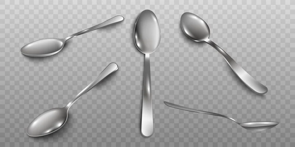 Set of different angles of metal spoons realistic vector illustration isolated. Stock Illustration