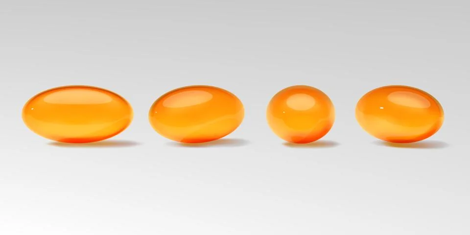 Set of different angles of a yellow pill Omega 3. 3D vector Stock Illustration