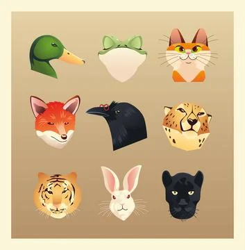 Set of different animals heads duck rabbit cat fox rabbit tiger panther and 스톡 일러스트