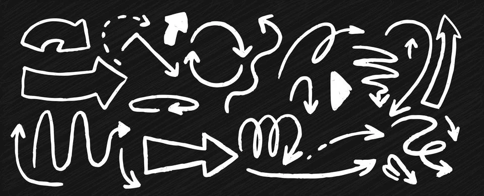 A set of different arrows drawn in chalk on a blackboard. Texture strips are Stock Illustration