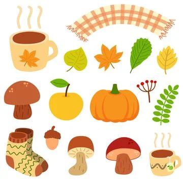 Set of different autumn natural elements. Fall leaves, mushrooms, berries, acorn 스톡 일러스트