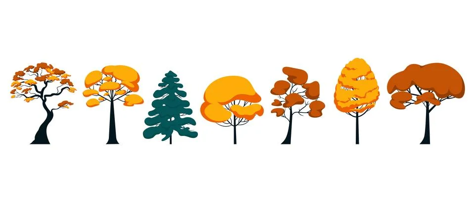 Set of different autumn trees pine and deciduous horizontal arrangement. Vector 스톡 일러스트