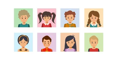 Set of different avatar of boys and girls on square.Flat vector cartoon chara Stock Illustration