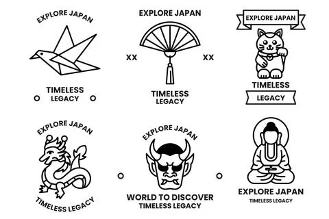 A set of different badges in concept of Explore Japan Stock Illustration