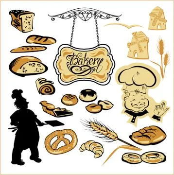 Set of different bakery - bread, pie, biscuit, cakes. hand written text baker Stock Illustration