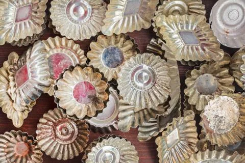 Set of different baking tins on a flee market Stock Photos