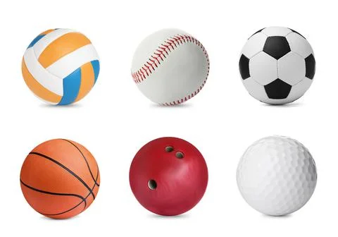 Set with different balls on white background. Sports equipment Stock Photos