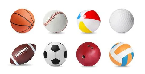 Set with different balls on white background, banner design. Sports equipment Stock Photos