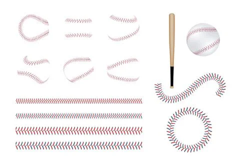 Set of different baseball and softball laces, bits and ball. Stock Illustration