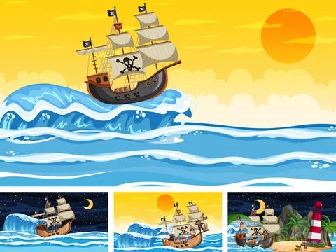 Set of different beach scenes with pirate ship Ilustración de archivo