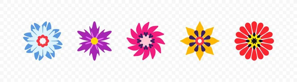 Set of different beautiful vector flowers on transparent background Stock Illustration