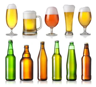 Set with different beer isolated on white background Stock Photos