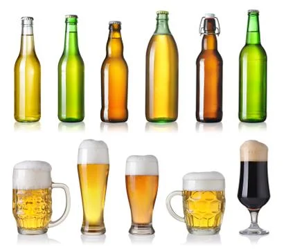Set with different beer isolated on white background Stock Photos