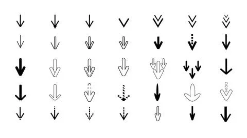 Set of different black arrows pointing down, arrow down document file symbol Stock Illustration