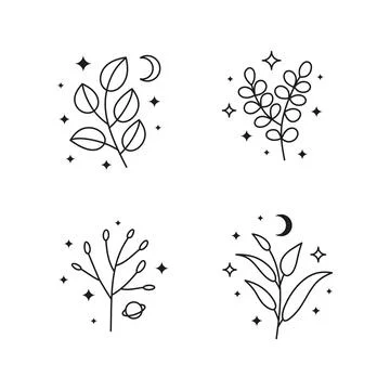 Set of different black celestial leafy branches. Stock Illustration