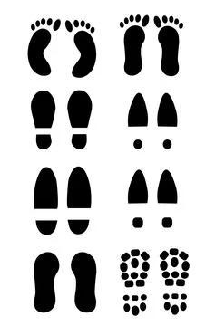Set of different black foot print. Shoes and foots silhouette imprint collection Stock Illustration