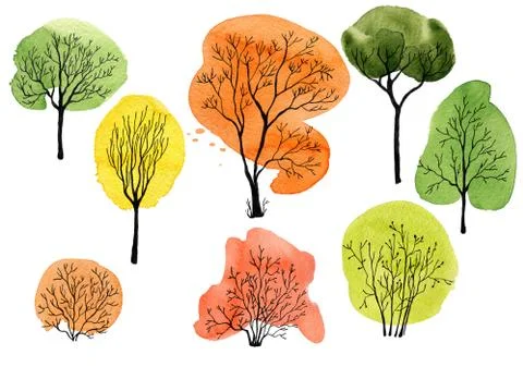 Set of different black ink trees with watercolor crowns. Stock Illustration