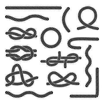 Set of different black rope elements and knots flat style Stock Illustration