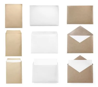 Set with different blank paper envelopes on white background Stock Photos