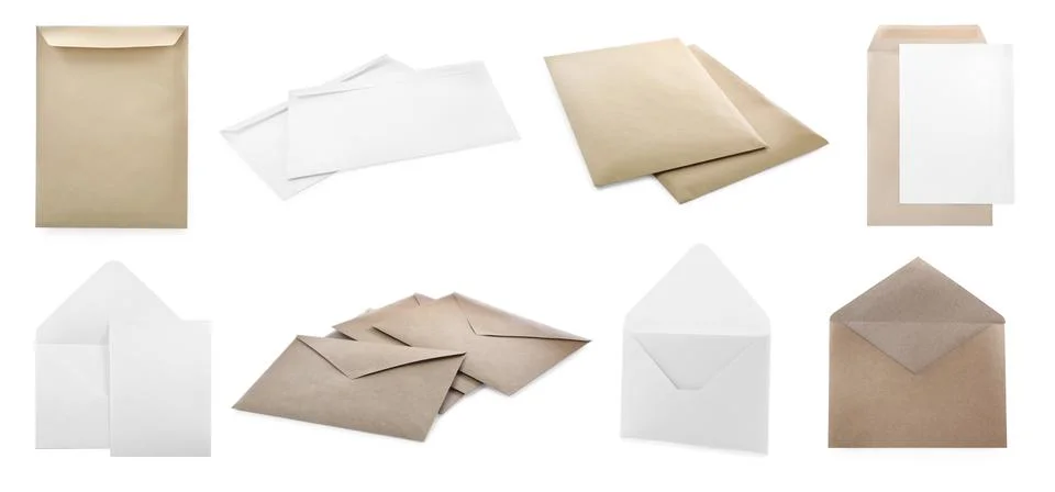 Set with different blank paper envelopes on white background. Banner design Stock Photos