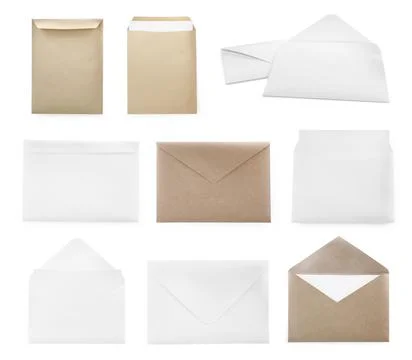 Set with different blank paper envelopes on white background Stock Photos