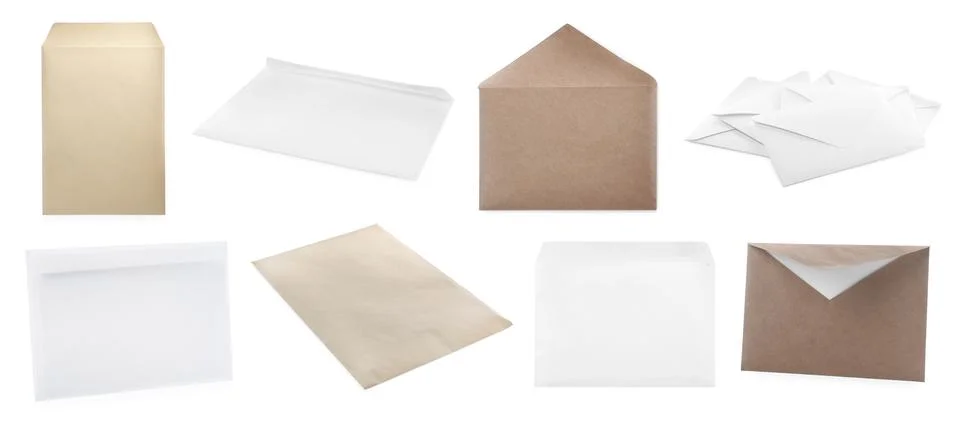 Set with different blank paper envelopes on white background. Banner design Stock Photos