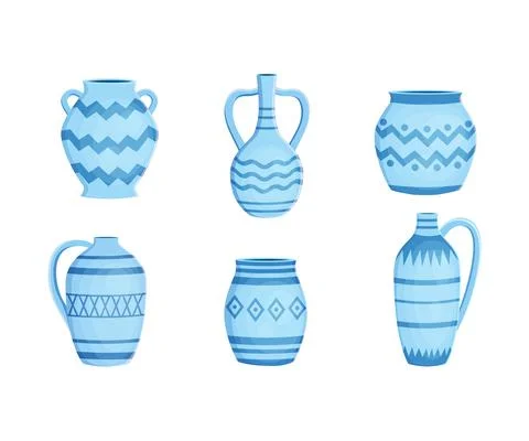 Set with different blue earthenware ceramic pottery with ornament vector Stock Illustration