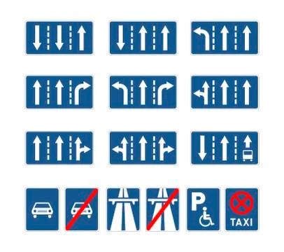 Set of different blue road signs on white Stock Illustration