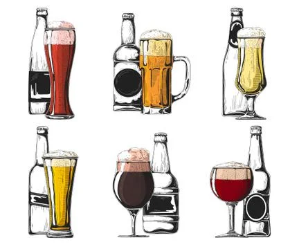 Set of different bottles and glasses of beer. Color sketch. Vector Stock Illustration