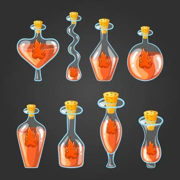 Set with different bottles of flame potion Stock Illustration