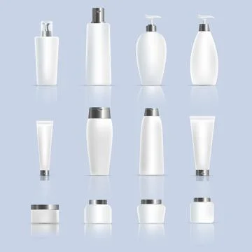 Set of different bottles, jars and tubes of cosmetic products isolated on blue Stock Illustration
