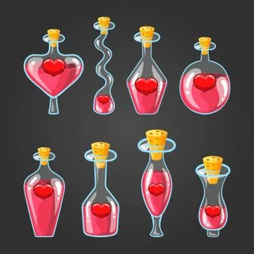Set with different bottles of love potion Stock Illustration