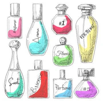 Set of different bottles of perfume. Vector illustration of a sketch style. Stock Illustration