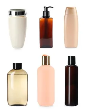 Set with different bottles of shampoo on white background Stock Photos