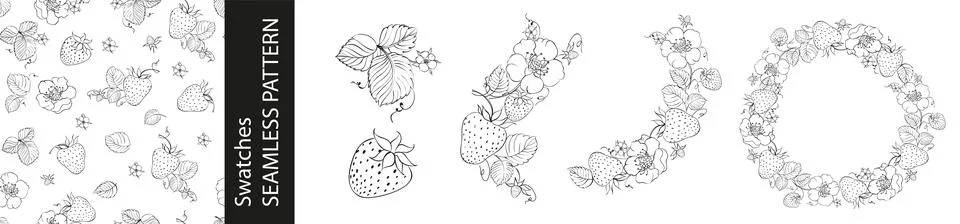 Set of different branches of strawberry berries, pattern and circle frame on Stock Illustration