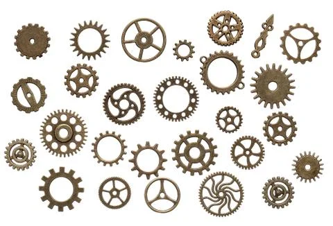 Set of different brass cog wheels isolated on white background Foto stock