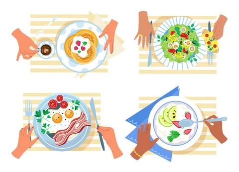Set of different breakfast concept plate top view, european style food dish Stock Illustration