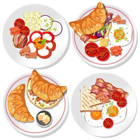 Set of different breakfast dish isolated Stock Illustration
