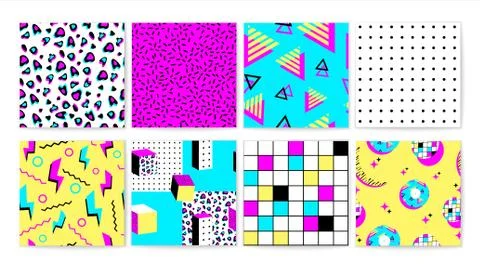 Set of different bright 90s vibrant seamless pattern vector graphic illustration Stock Illustration