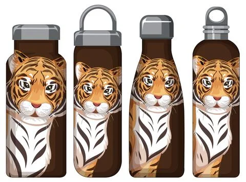 Set of different brown thermos bottles with tiger pattern Illustrazione stock